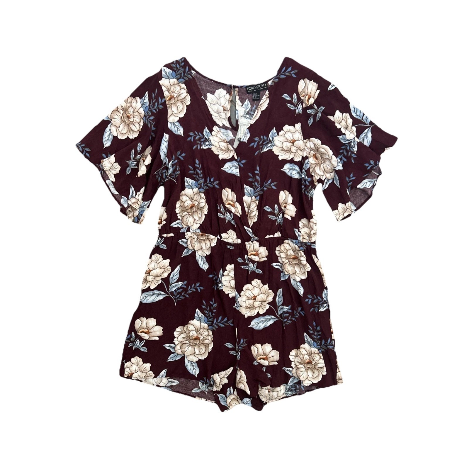 Forever 21 Plus Burgundy Floral Short Sleeve Romper Jumpsuit Women's Size 2x Nwt